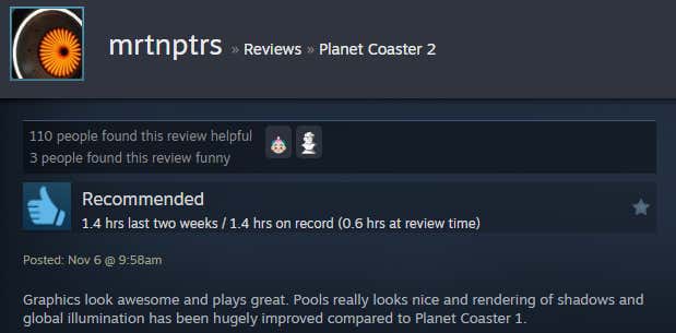 Screenshot showing Steam user reviews of Planet Coaster 2.